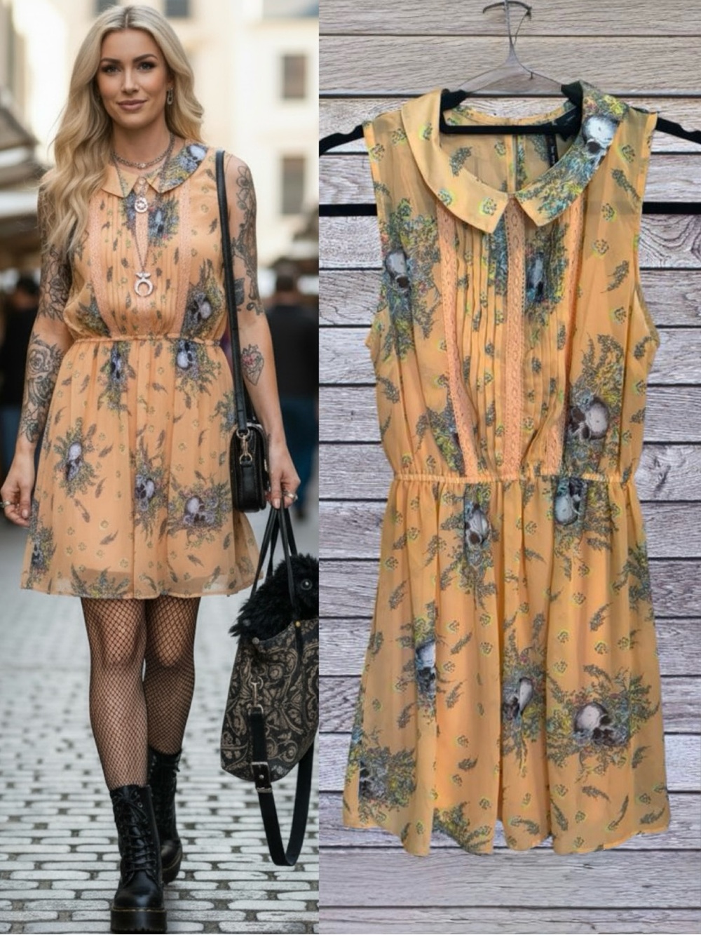 Fire LA Pastel Skull Floral Peter Pan Collar Chiffon Pleated Mini Dress S